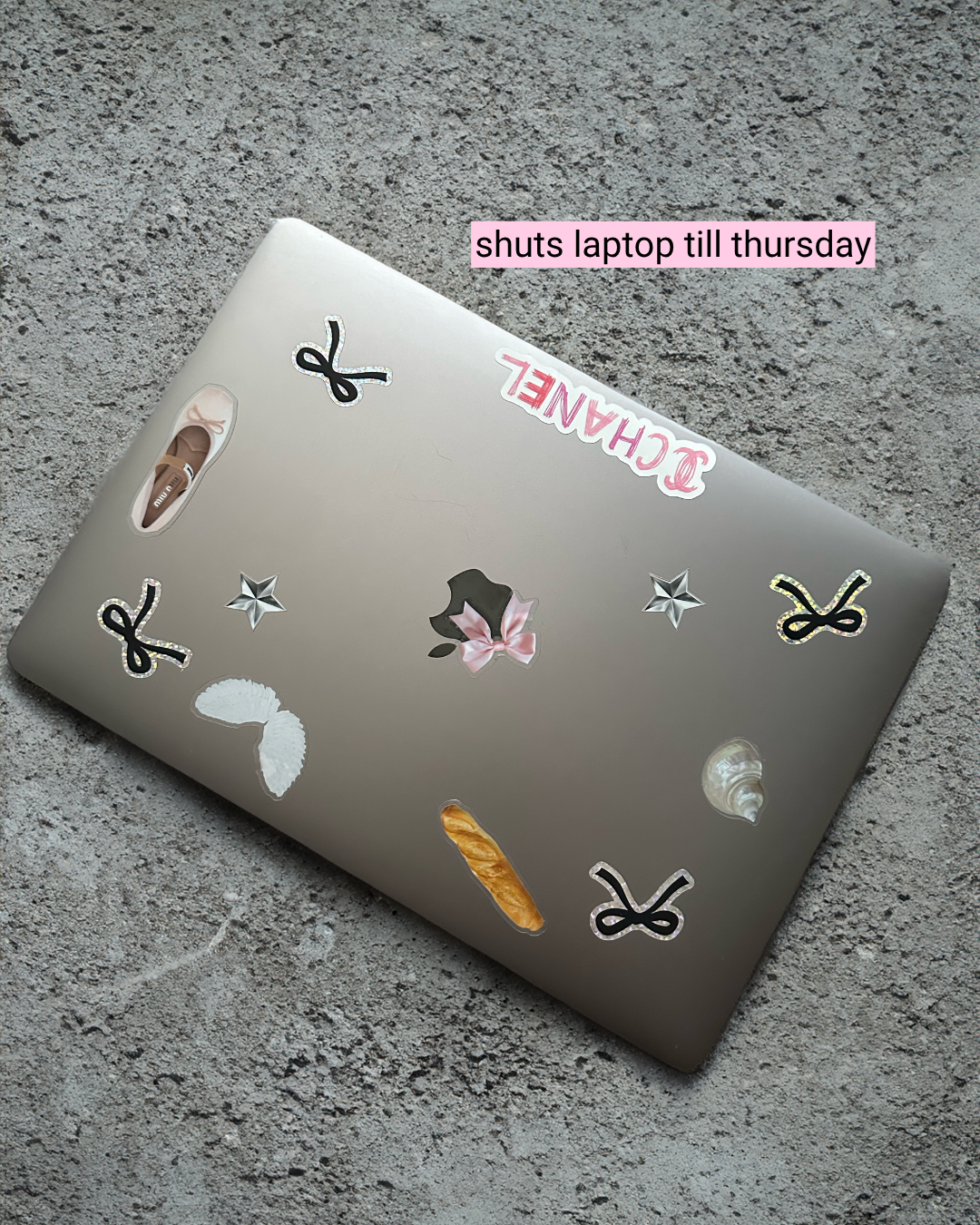 Laptop with various stickers on a gray surface, with text 'shuts laptop till thursday' and 'SC'ANLE' visible.
